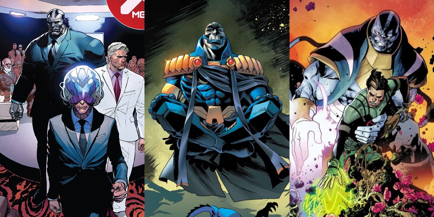 A split image of Apocalypse with Magneto and Xavier at a world economic forum, Apocalypse meditating, and Apocalypse training Rictor in mutant magic