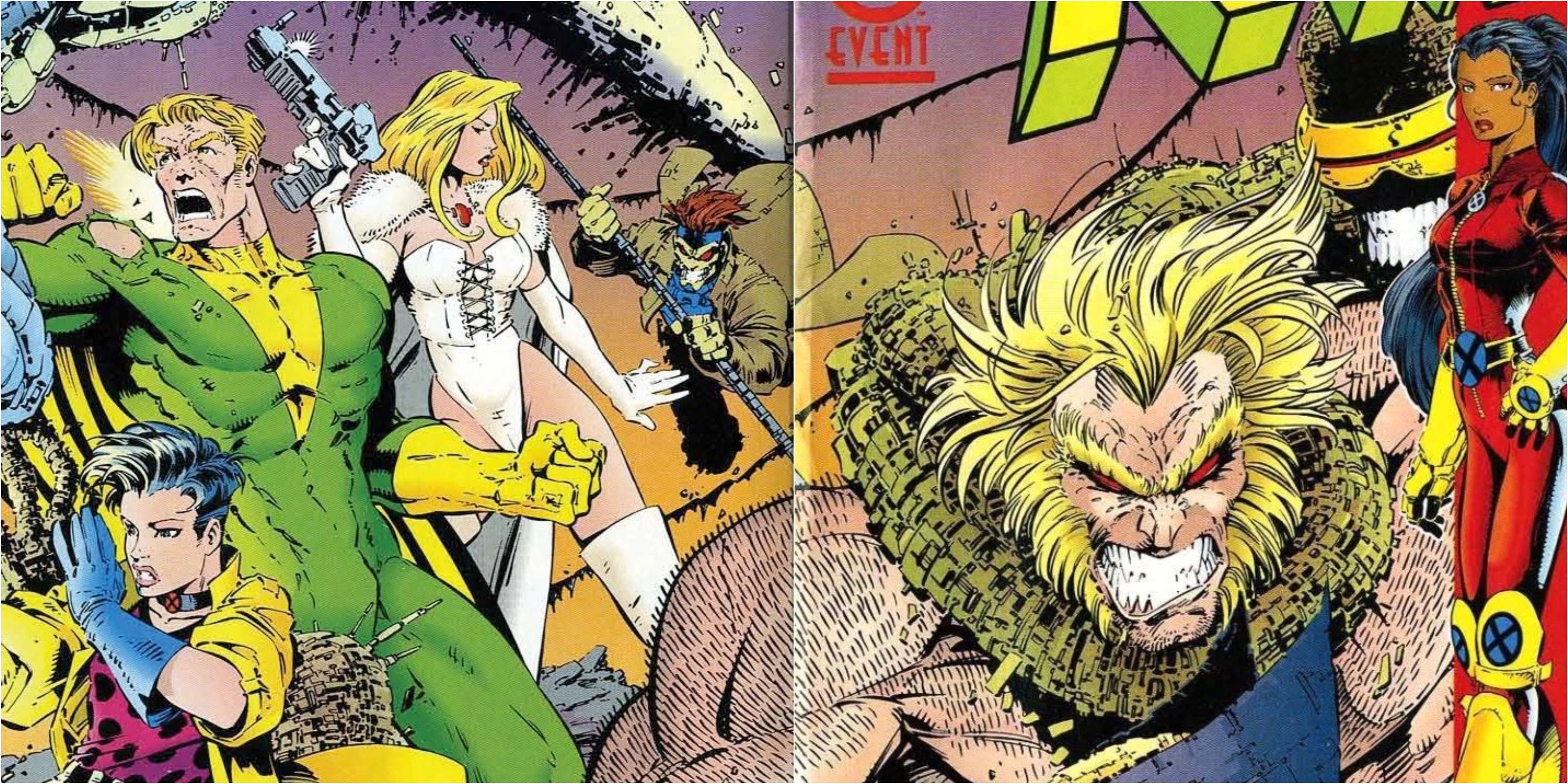 M, Sabretooth, Banshee, Emma Frost, and Jubilee fighting the Phalanx