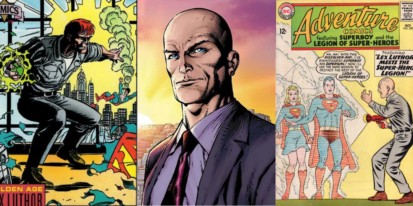 A split image of Lex Luthor from the Golden Age, the modern age, and the Silver Age