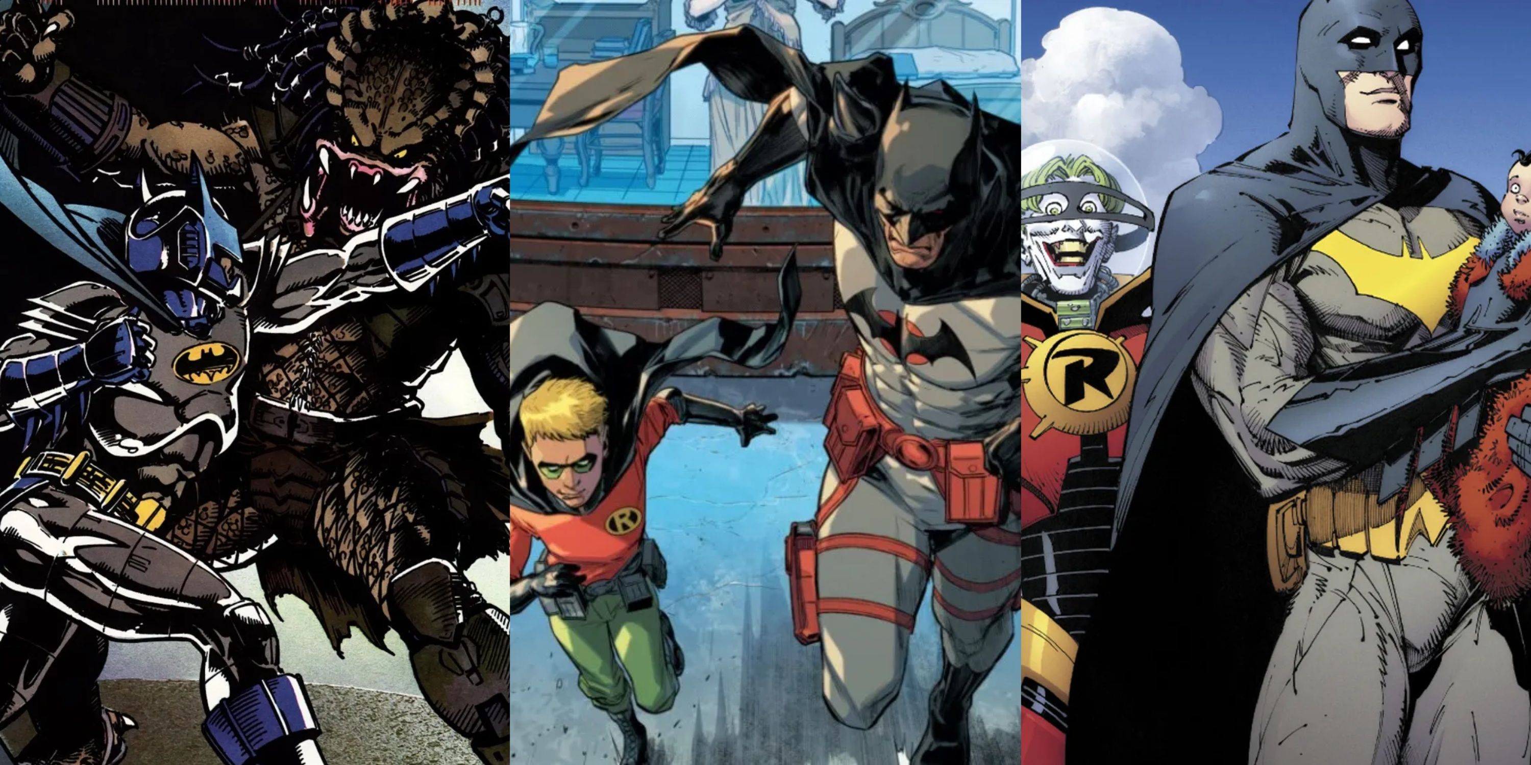 Split image Batman fights Predator, Flashpoint Batman and Robin, Clone Batman and future Joker