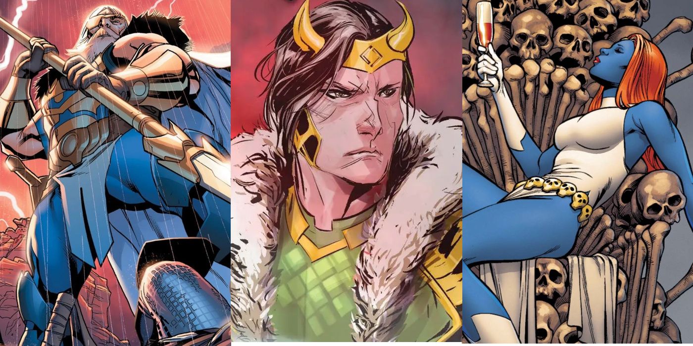 A split image of Odin, Loki, and Mystique in Marvel Comics