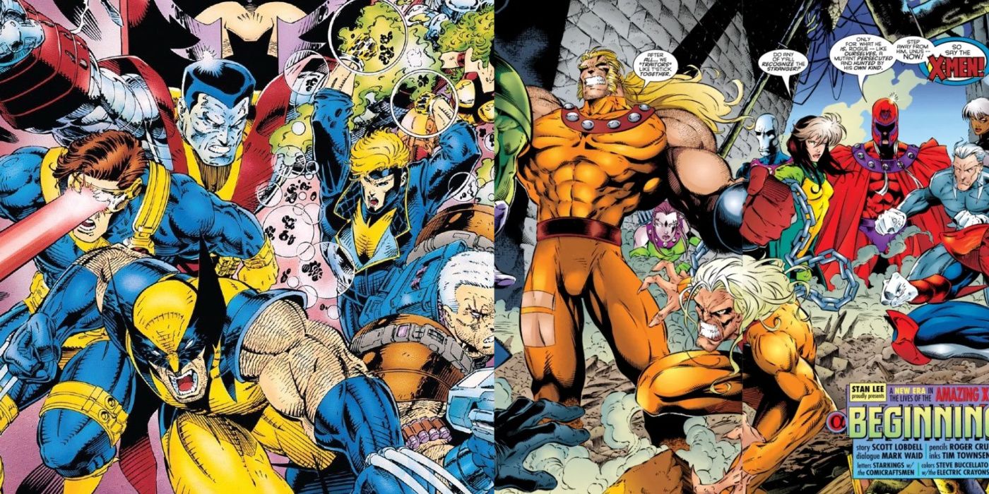 A split image of the early '90s X-Men and the Age of Apocalypse X-Men