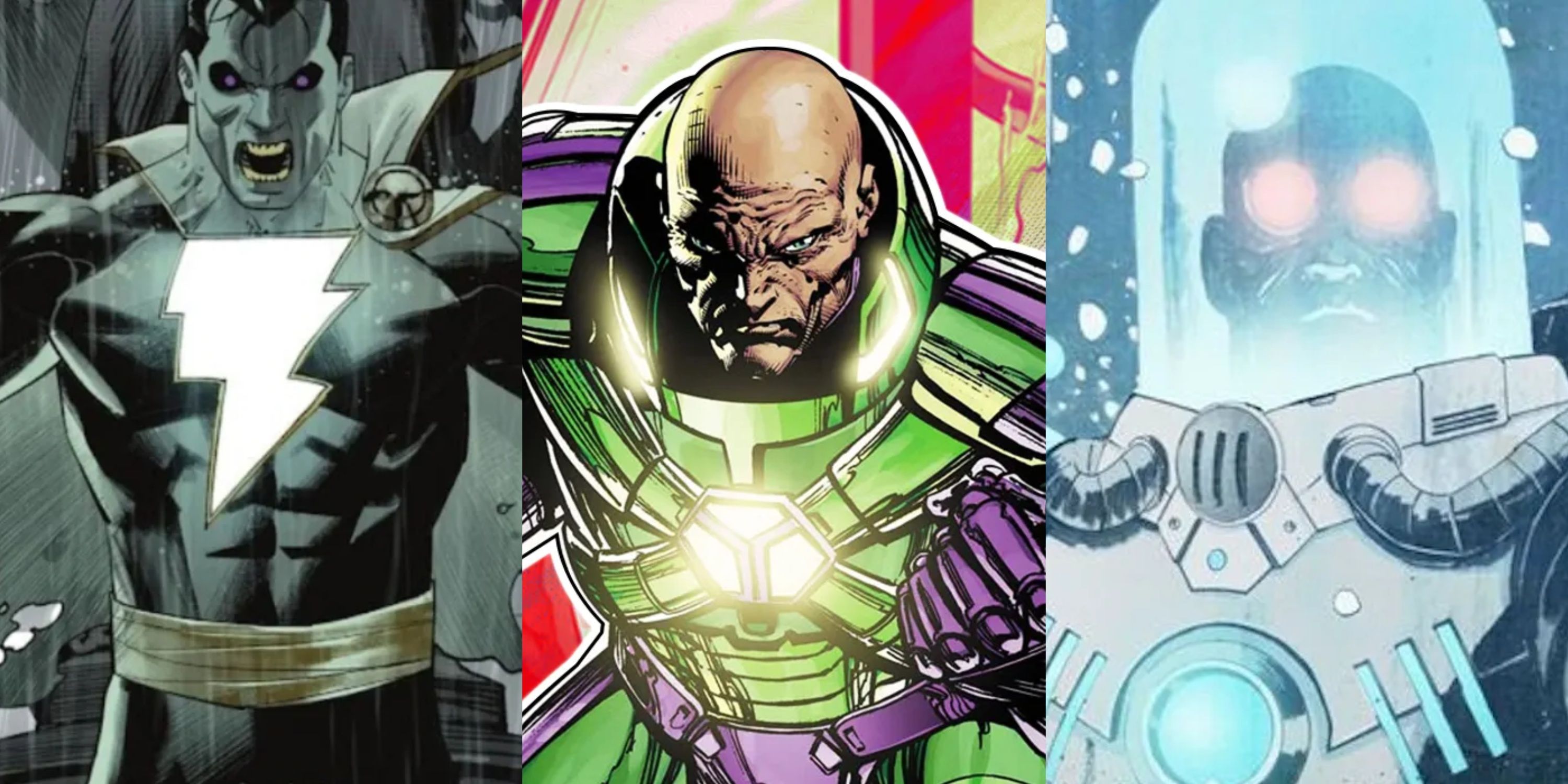 Split image Black Adam, Lex Luthor, Mister Freeze in DC Comics