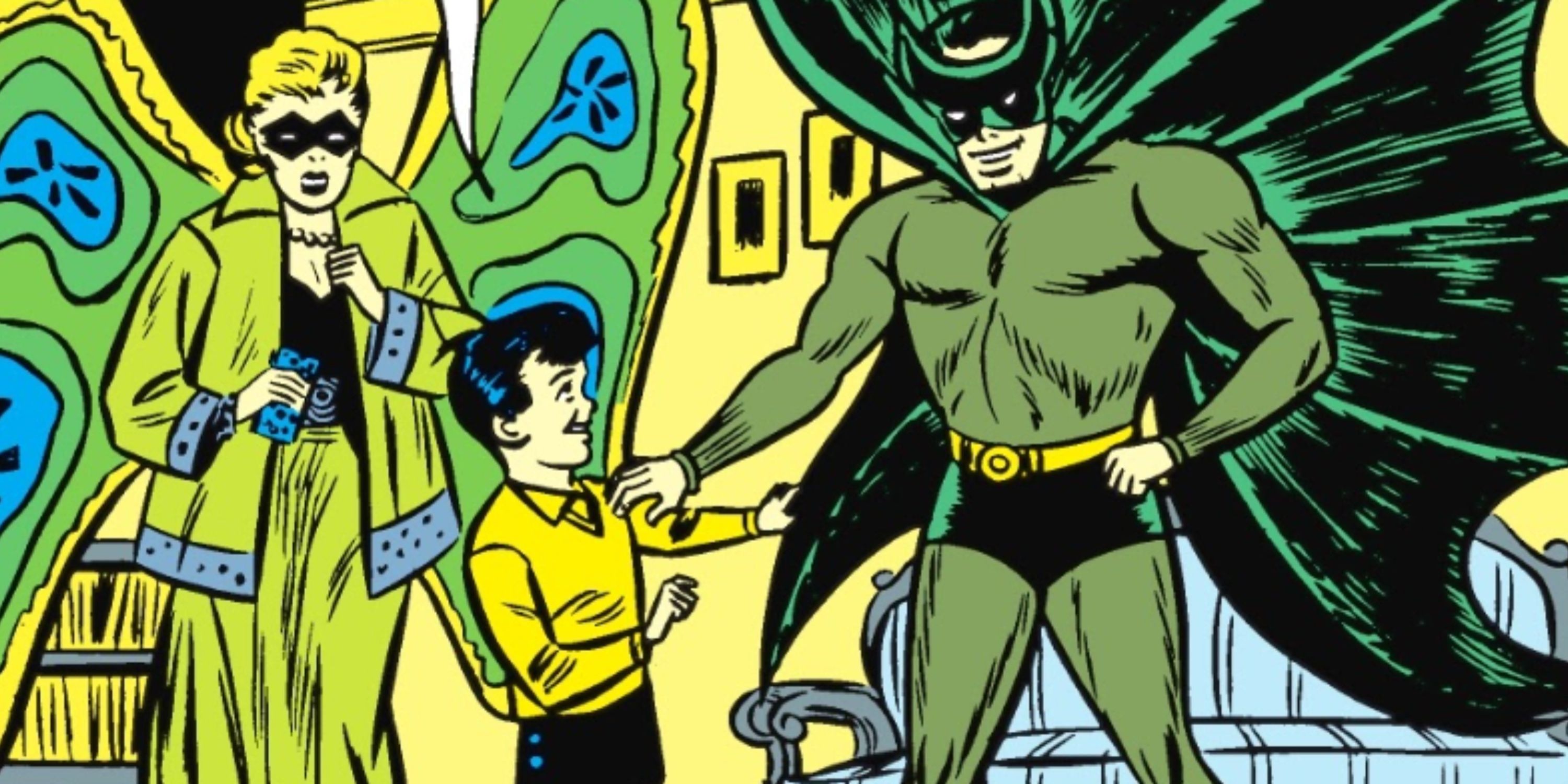 Thomas Wayne vestido de Batman enquanto conversa com o jovem Bruce Wayne