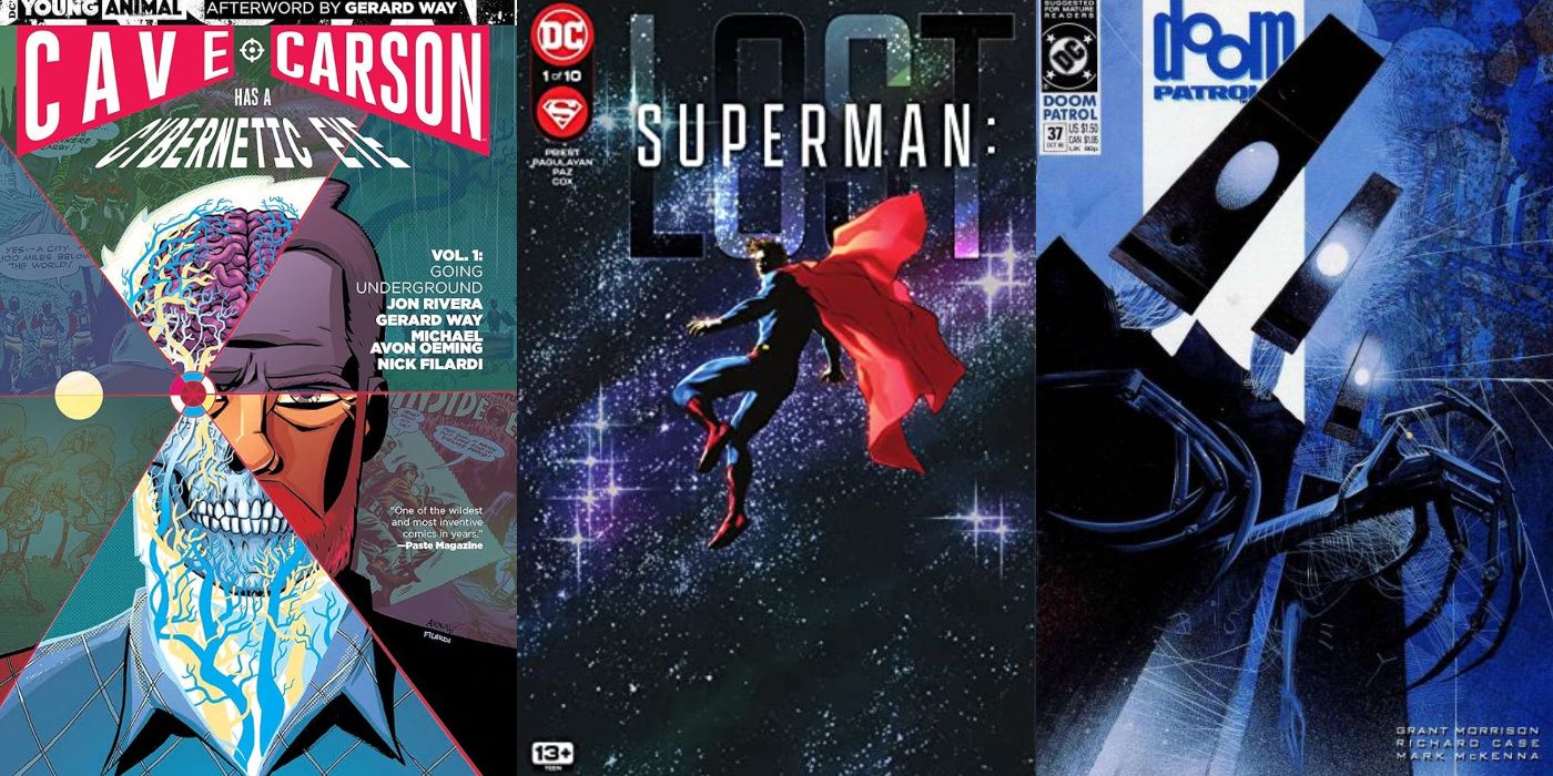 A split image of Cave Carson Has A Cybernetic Eye, Superman: Lost, and Doom Patrol: Down Paradise Way