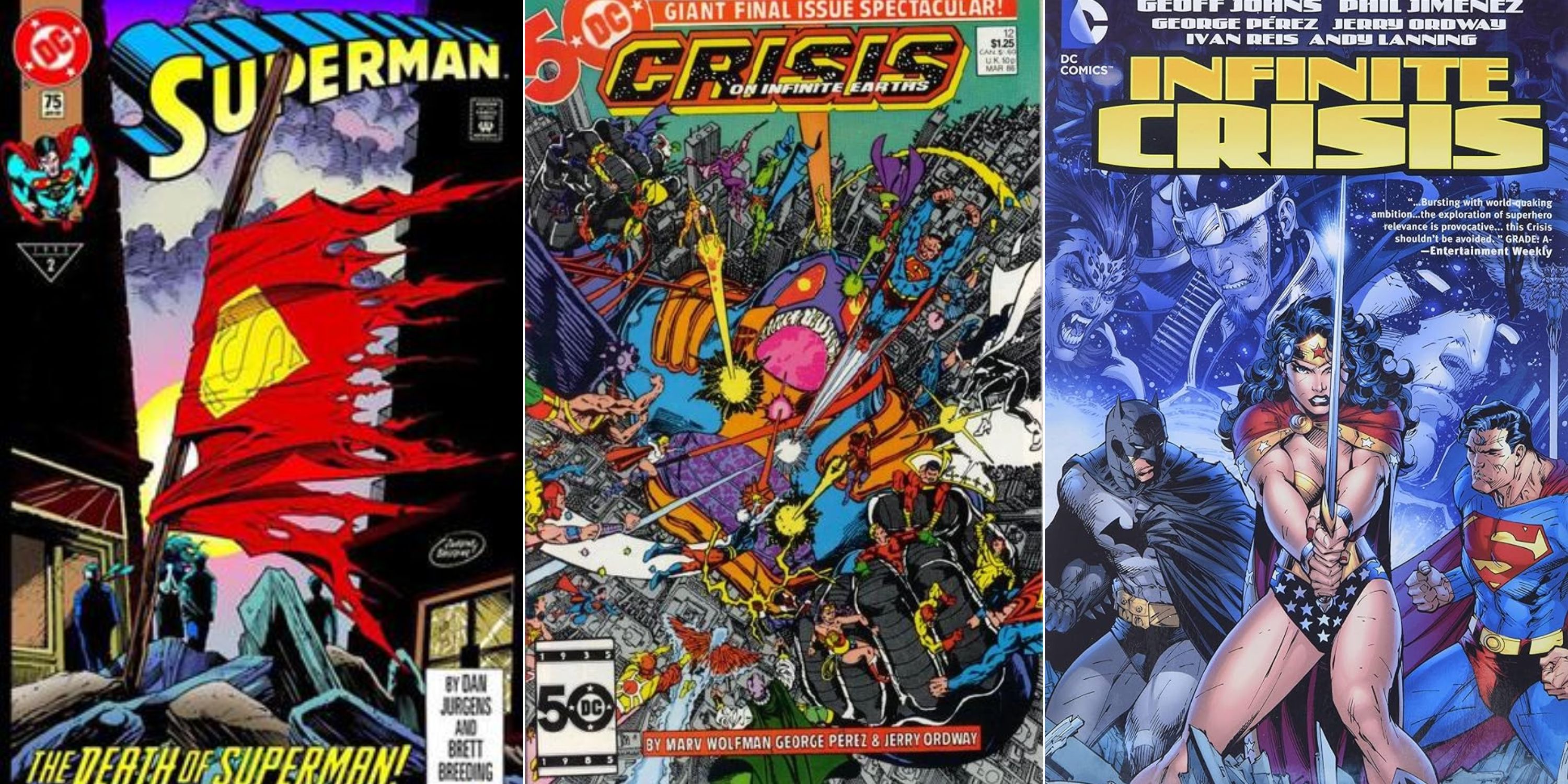 A split image of Death of Superman, Crisis On Infinite Crisis, and Infinite Crisis