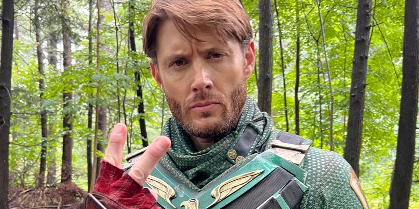 Jensen Ackles flashes a V on the set of Gen V as Soldier Boy