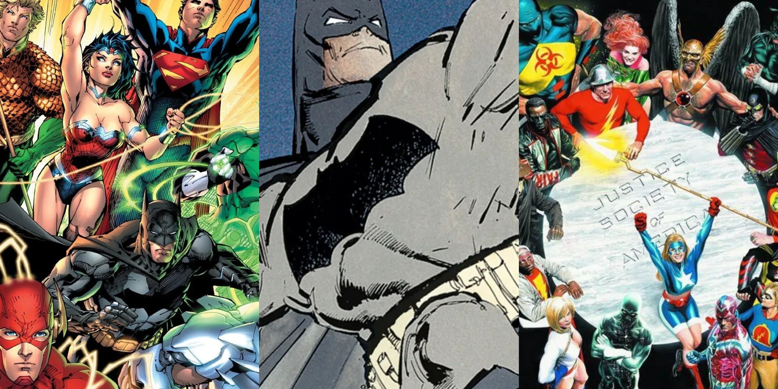 Split image New 52 Justice League, Dark Knight Returns, Justice Society of America