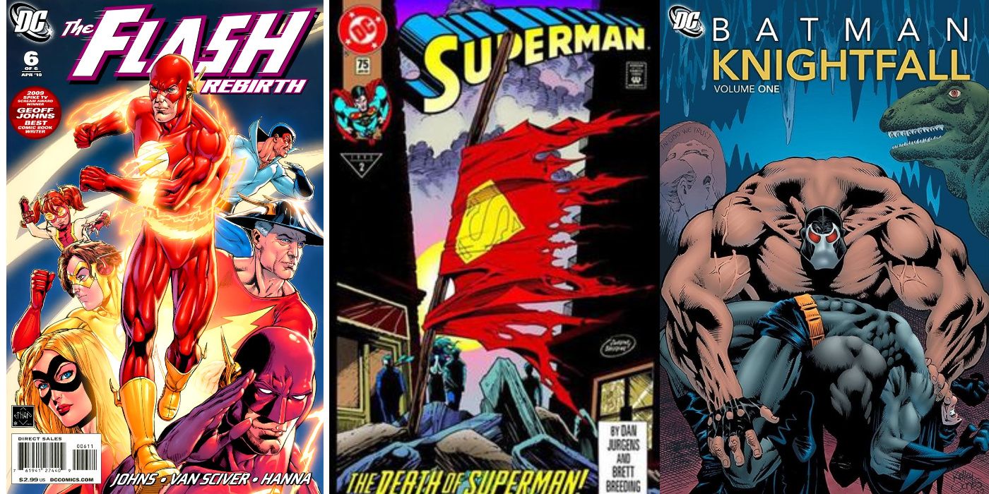 A split image of Flash: Rebirth, Death Of Superman, and Batman: Knightfall