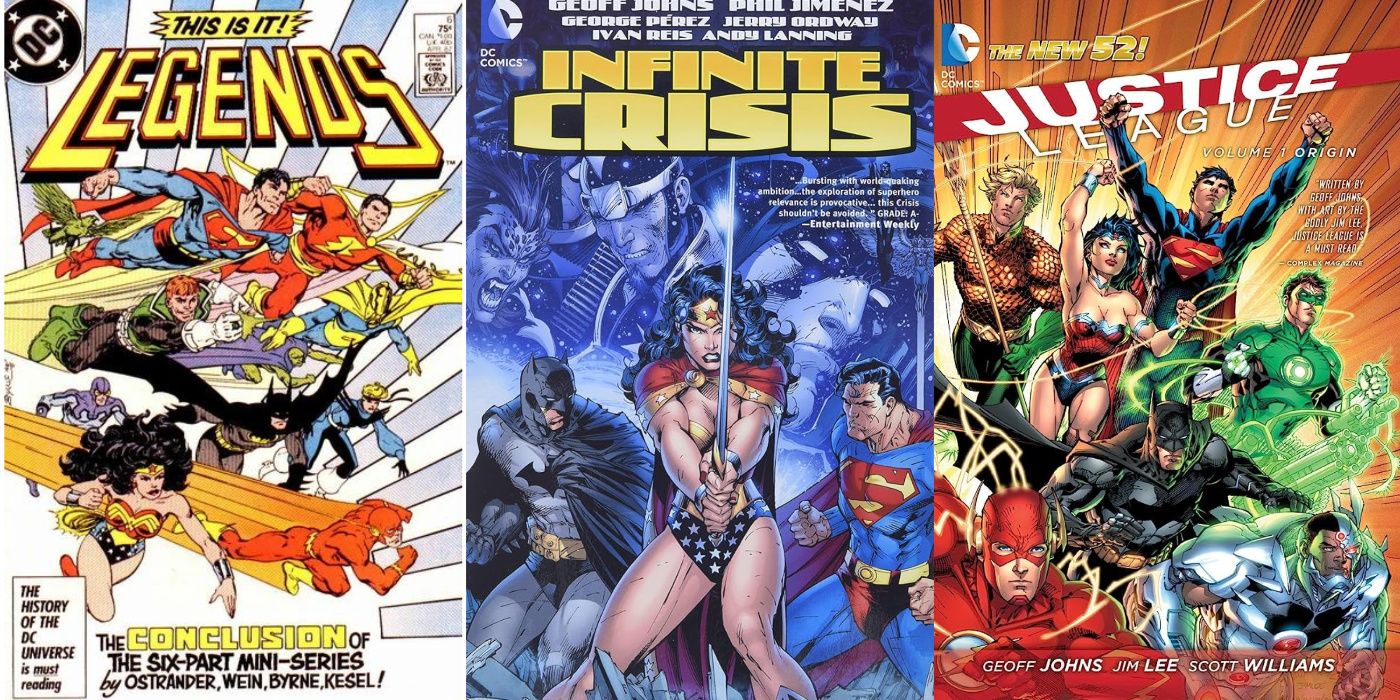 A split image of Legends, Infinite Crisis, and Justice League Origin New 52