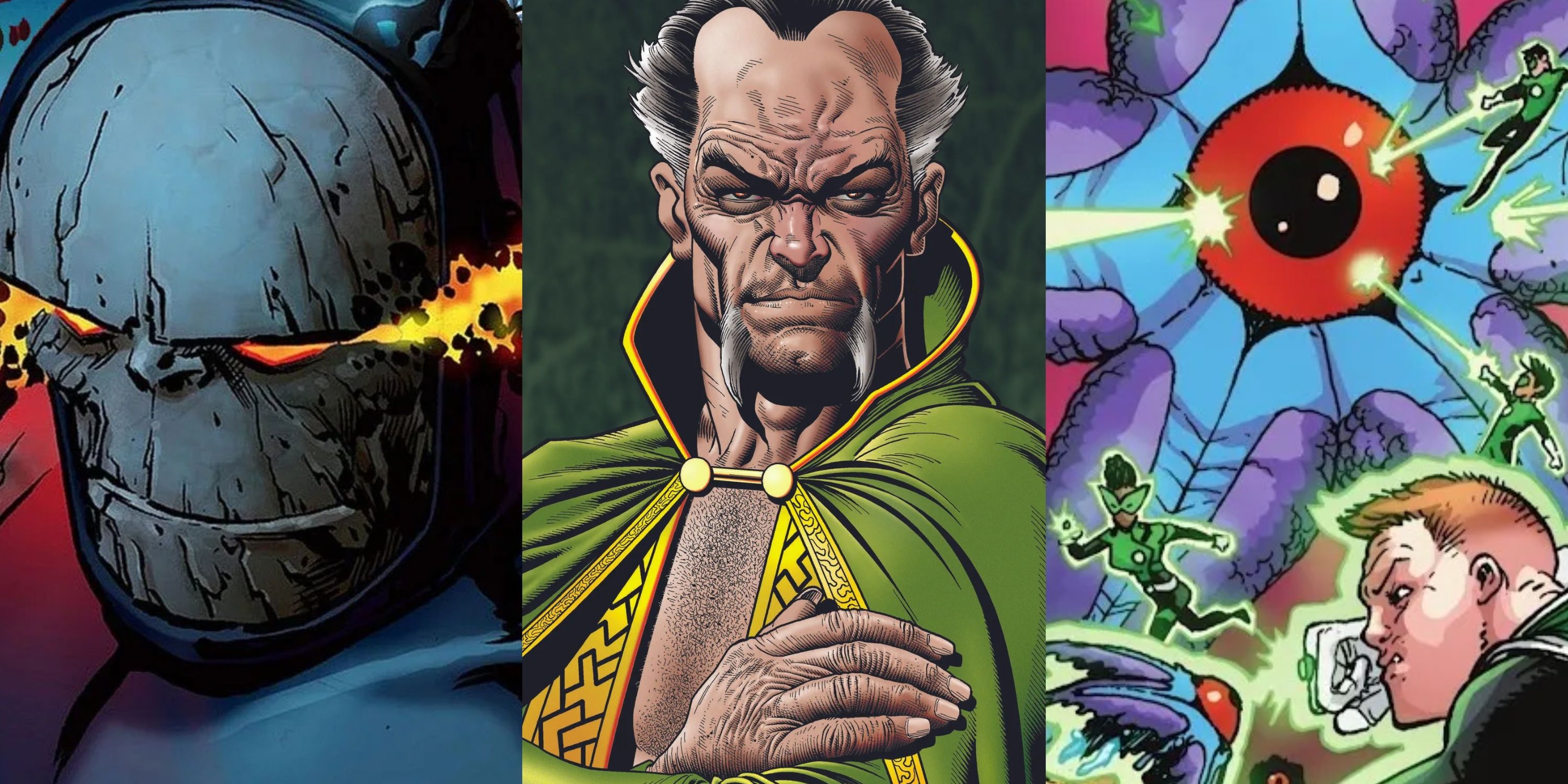 Split image Darkseid, Ra's al Ghul and Starro the Conqueror