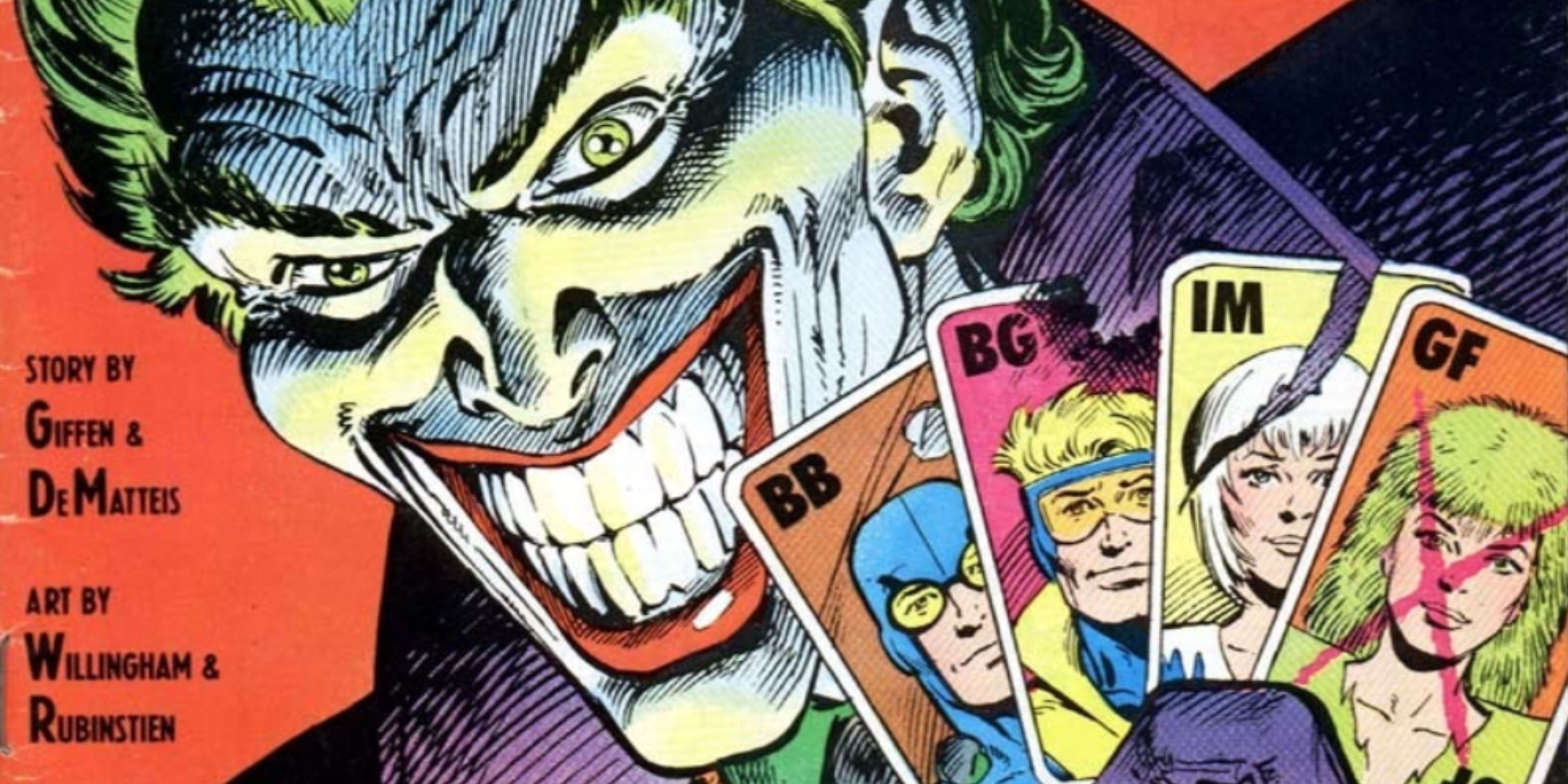 Joker segura cartas de Besouro Azul, Booster Gold, Gelo e Fogo