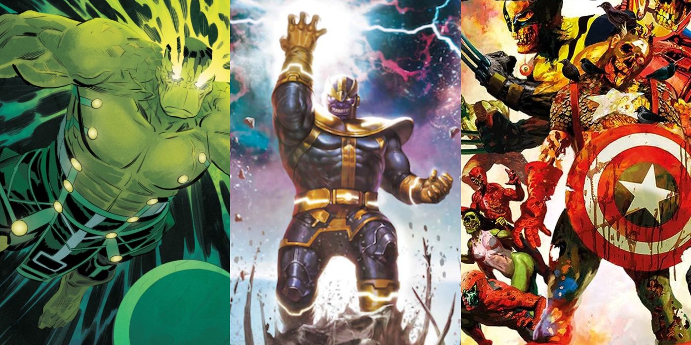 A split image of the Entropy Hulk, Thanos, and the Marvel Zombies in Marvel Comics