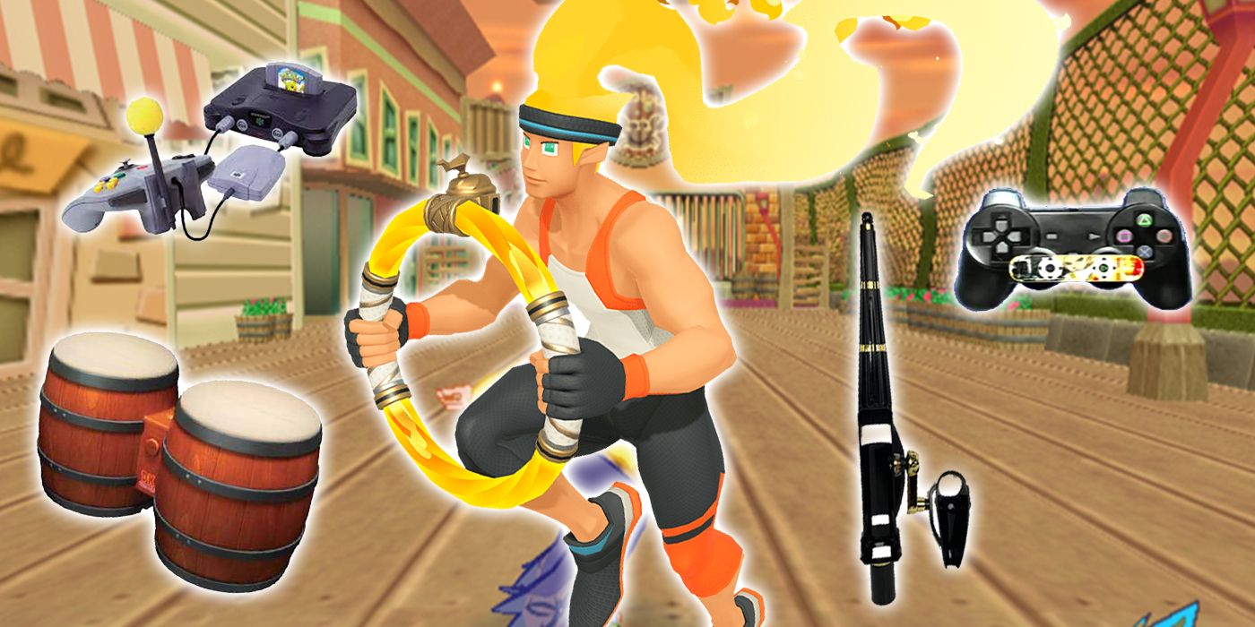 Collage of Man running from Ring Fit Adventure surrounded by Wii Fishing Rod, DK Bongos, PS2 Skateboard, and N64 Microphone