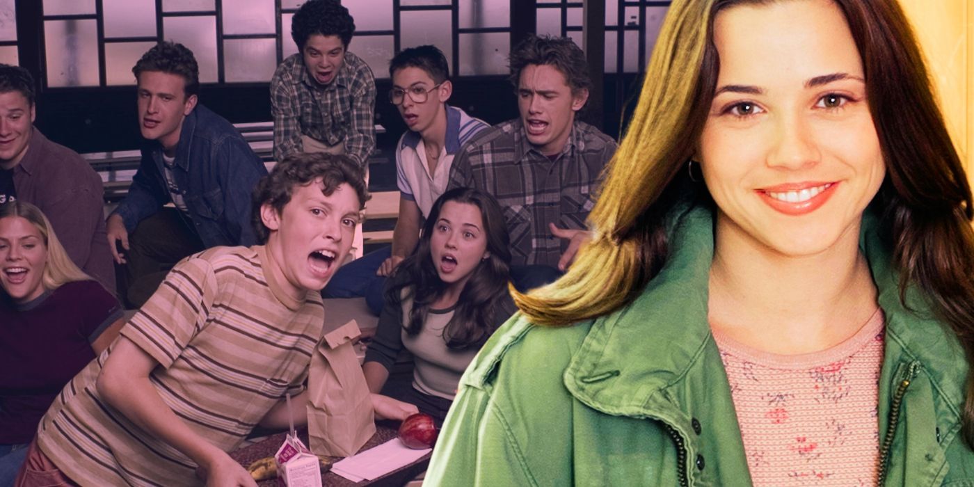Collage of the cast of Freaks and Geeks yelling and Lindsay smiling