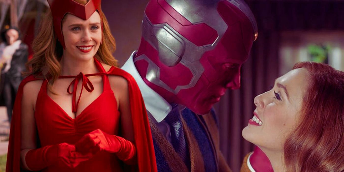 Collage of Wanda with her Scarlet Witch costume and Wanda and Vision looking at each other