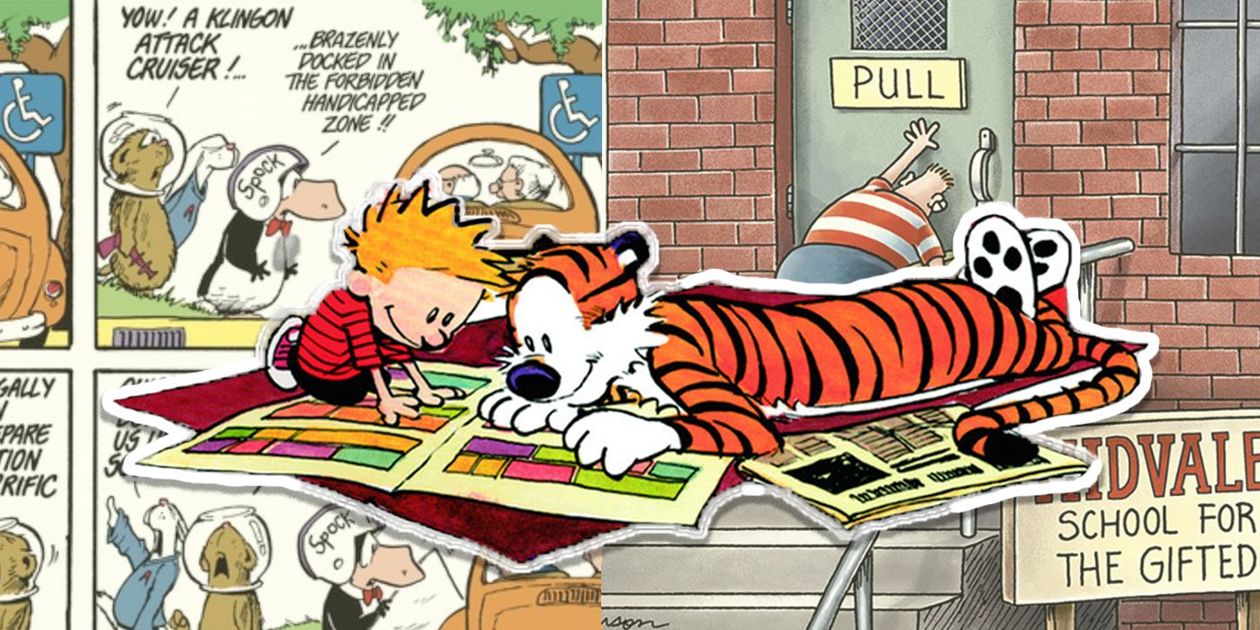 Calvin and Hobbes reading comics on top of panels from Bloom County and The Far Side