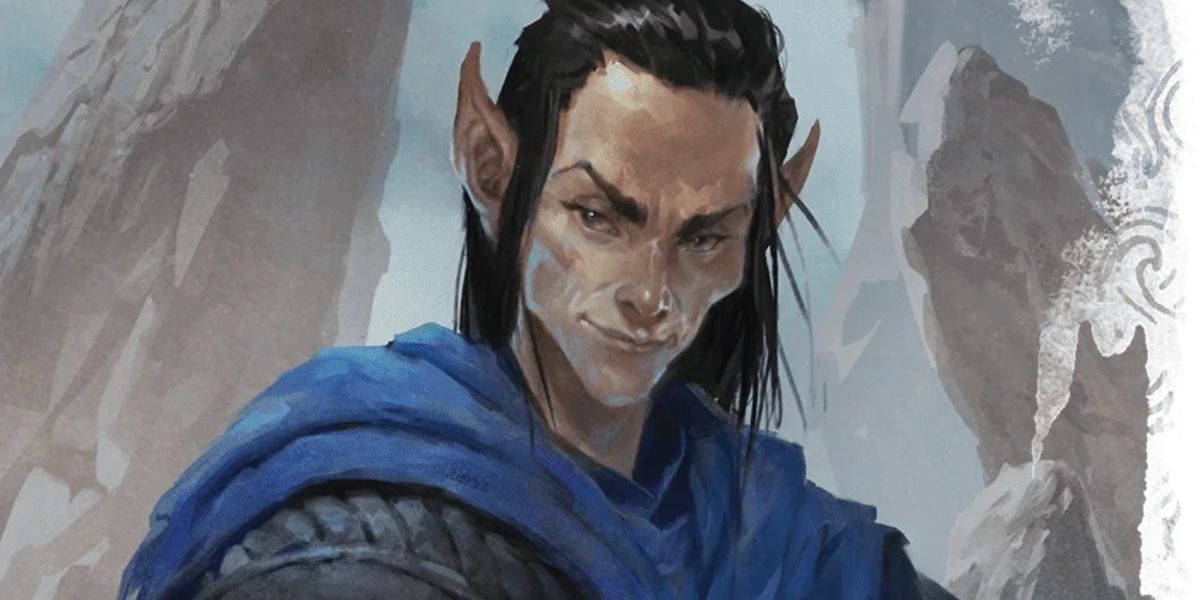 El mago elfo Dalamar está sonriendo. Él es del escenario Dragonlance Dungeons and Dragons.