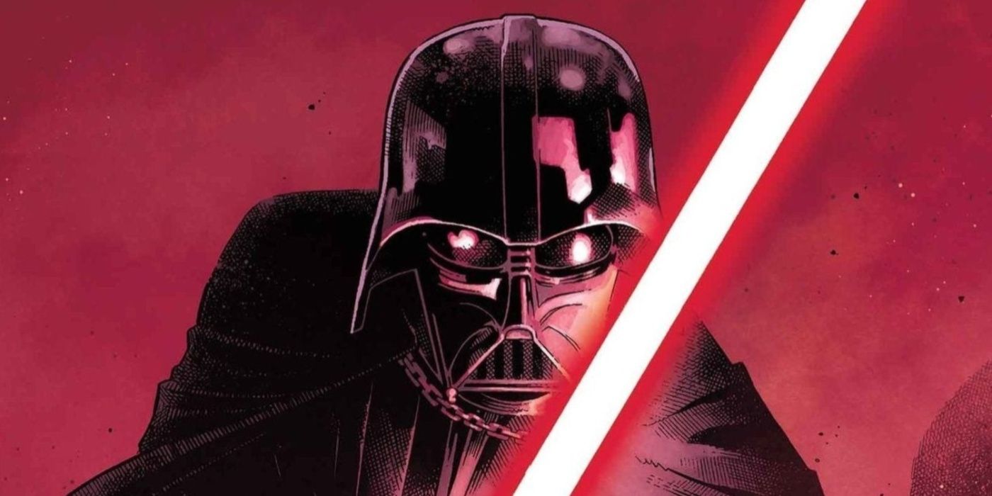 Darth Vader empunhando seu sabre de luz em posição de combate na capa de sua série de quadrinhos Star Wars.
