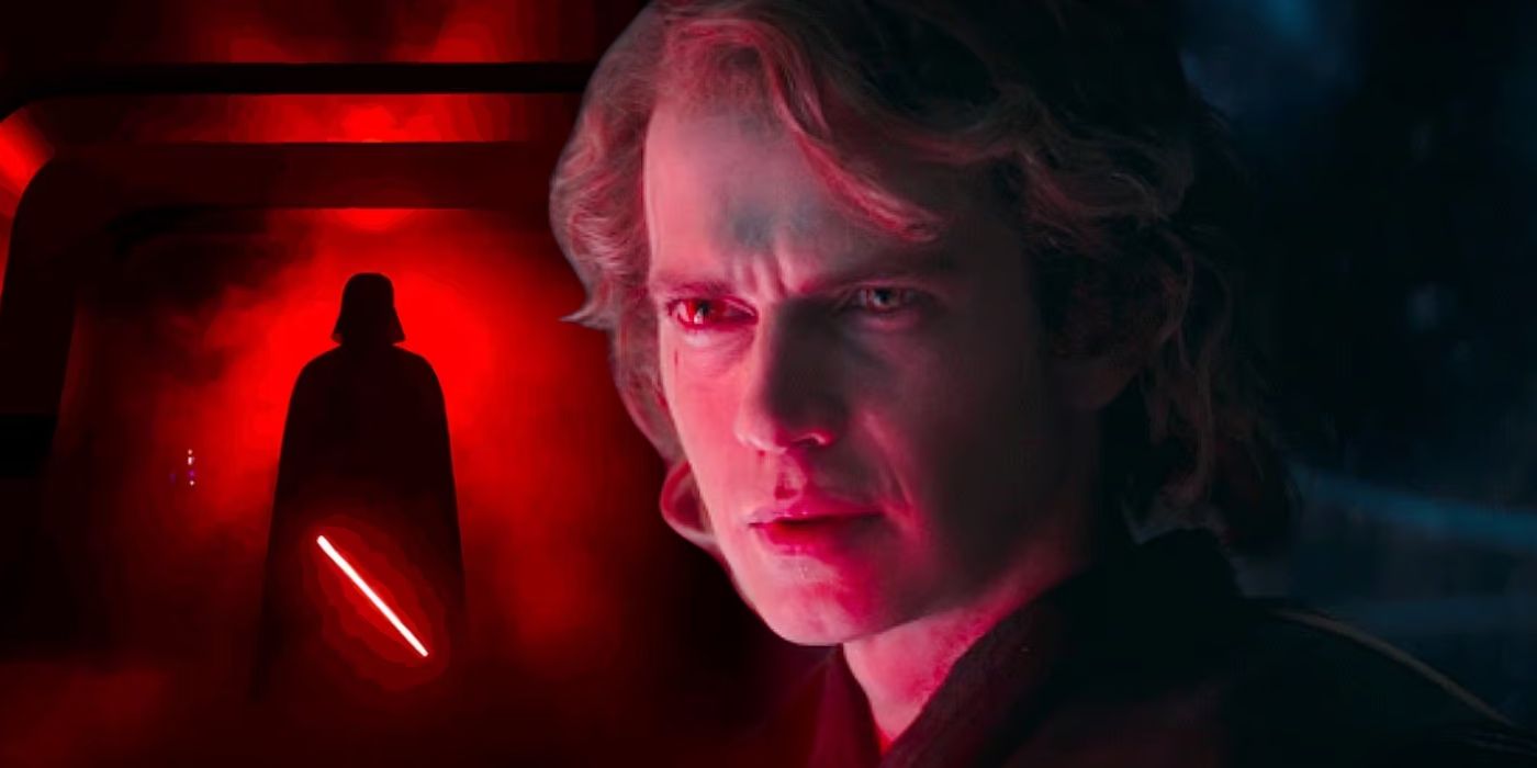 Split: Darth Vader no final de um corredor;  Anakin Skywalker (Hayden Christensen) em Ahsoka