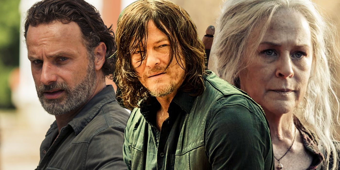 Split: Rick Grimes (Andrew Lincoln), Daryl Dixon (Norman Reedus) and Carol Peletier (Melissa McBride) in The Walking Dead