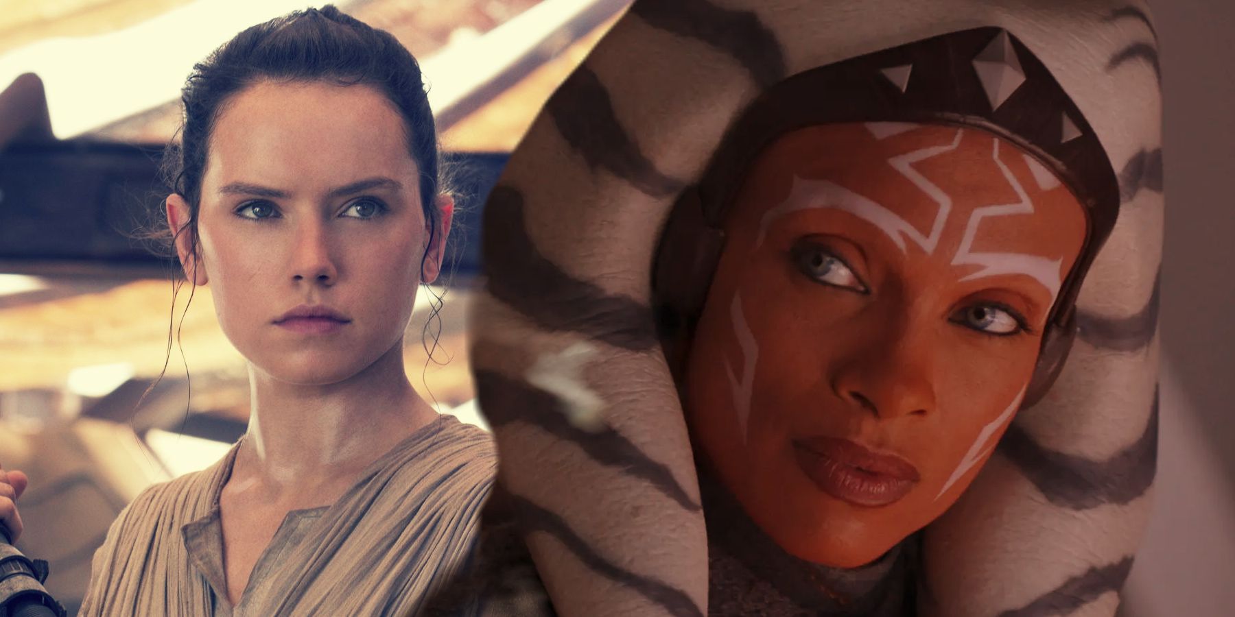 Split: Rey Skywalker (Daisy Ridley); Ahsoka Tano (Rosario Dawson) in Star Wars