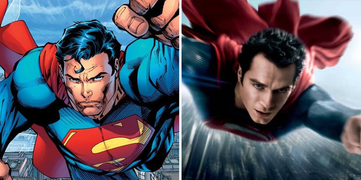 split image: DC Comics Superman flies with DCEU Man of Steel