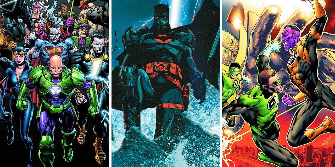 split image: Lex Luthor leads the Justice League, Batman in Flashpoint Beyond and Hal Jordan and Kyle Rayner vs Sinestro