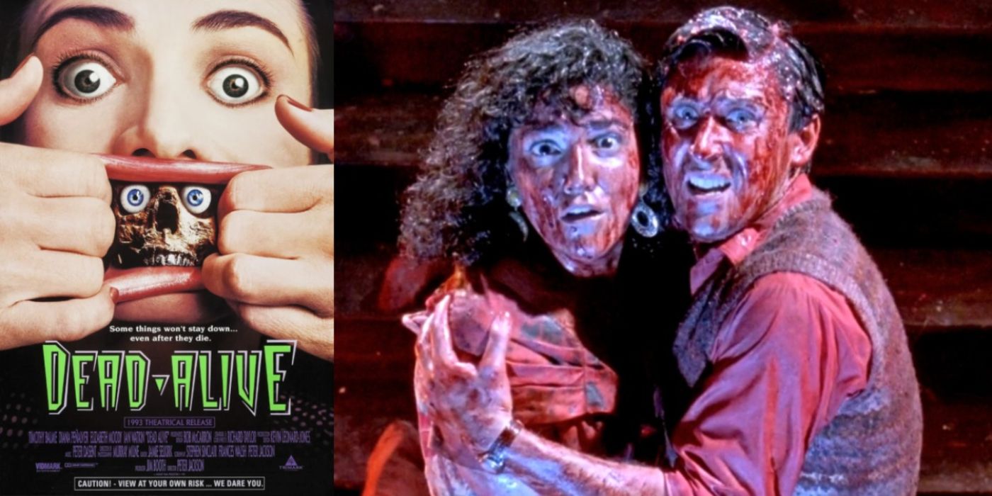 A split image of the Dead Alive poster and Lionel and Paquita in Dead Alive.