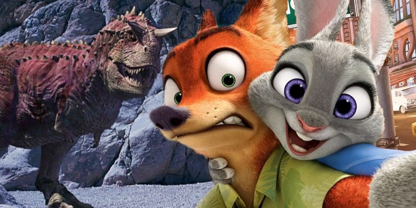 Judy and Nick from Zootopia with a Carnotaurus from Disney's Dinosaur