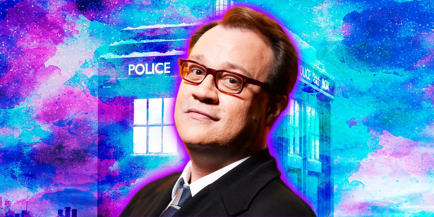 Russell T Davies in front of the TARDIS from Doctor Who.