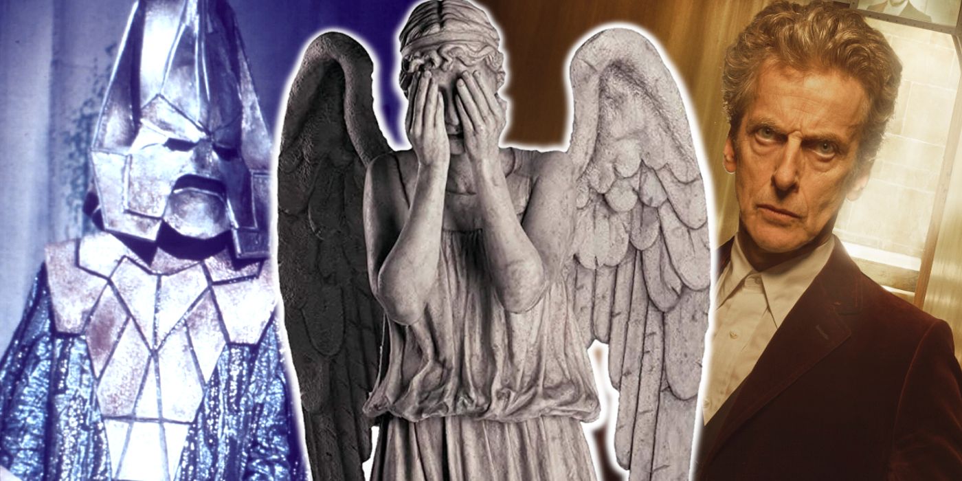 A Weeping Angel from Blink, in front of The Three Doctor's Omega and the Twelfth Doctor in Heaven Sent on Doctor Who.