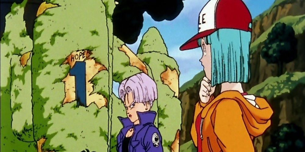 Future Trunks mostra sua máquina do tempo para Bulma em Dragon Ball Z