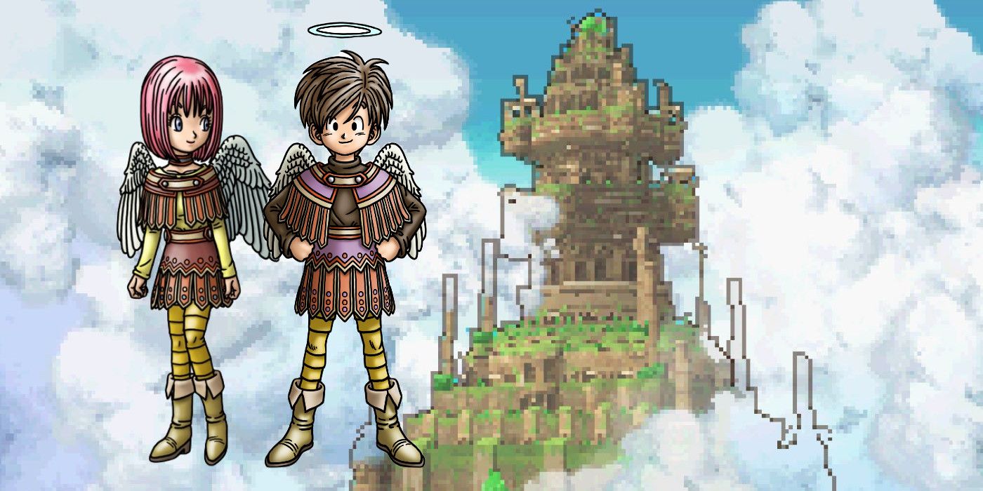 The observatory from Dragon Quest IX. The male and female protagonists are superimposed over the image.