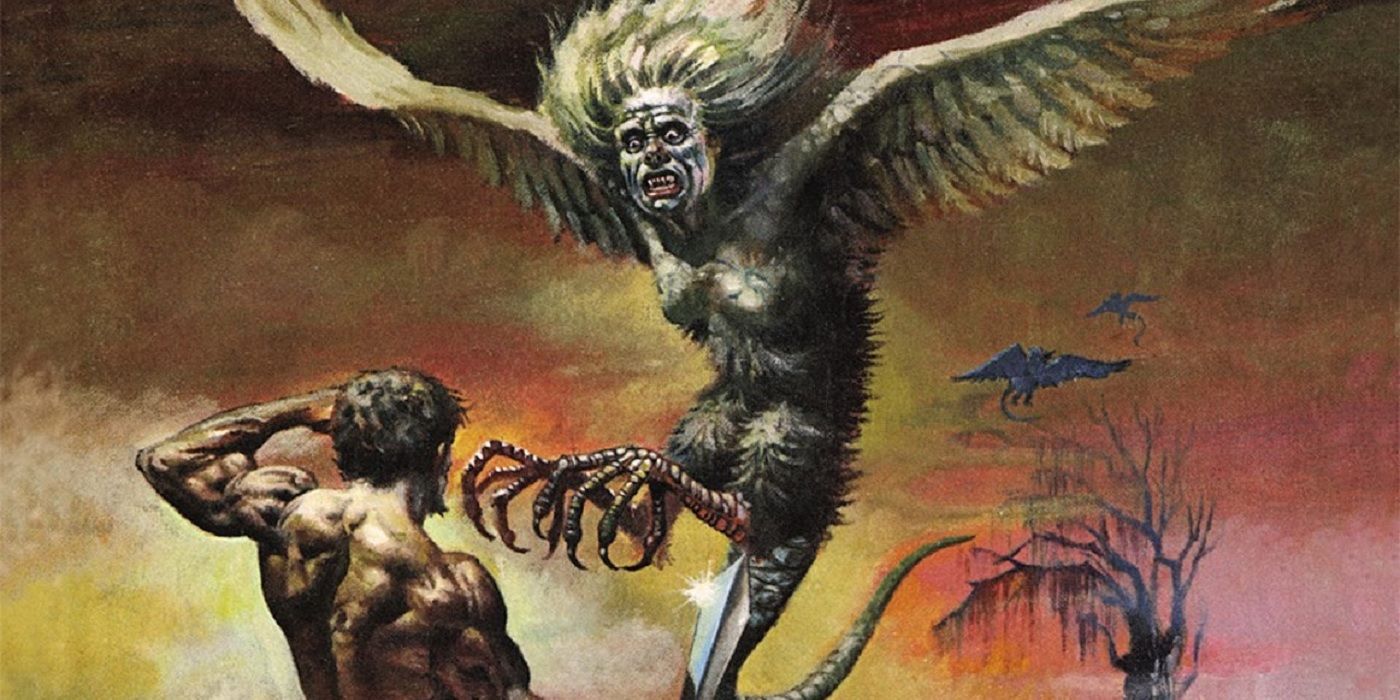 A harpy faces off against a barbarian