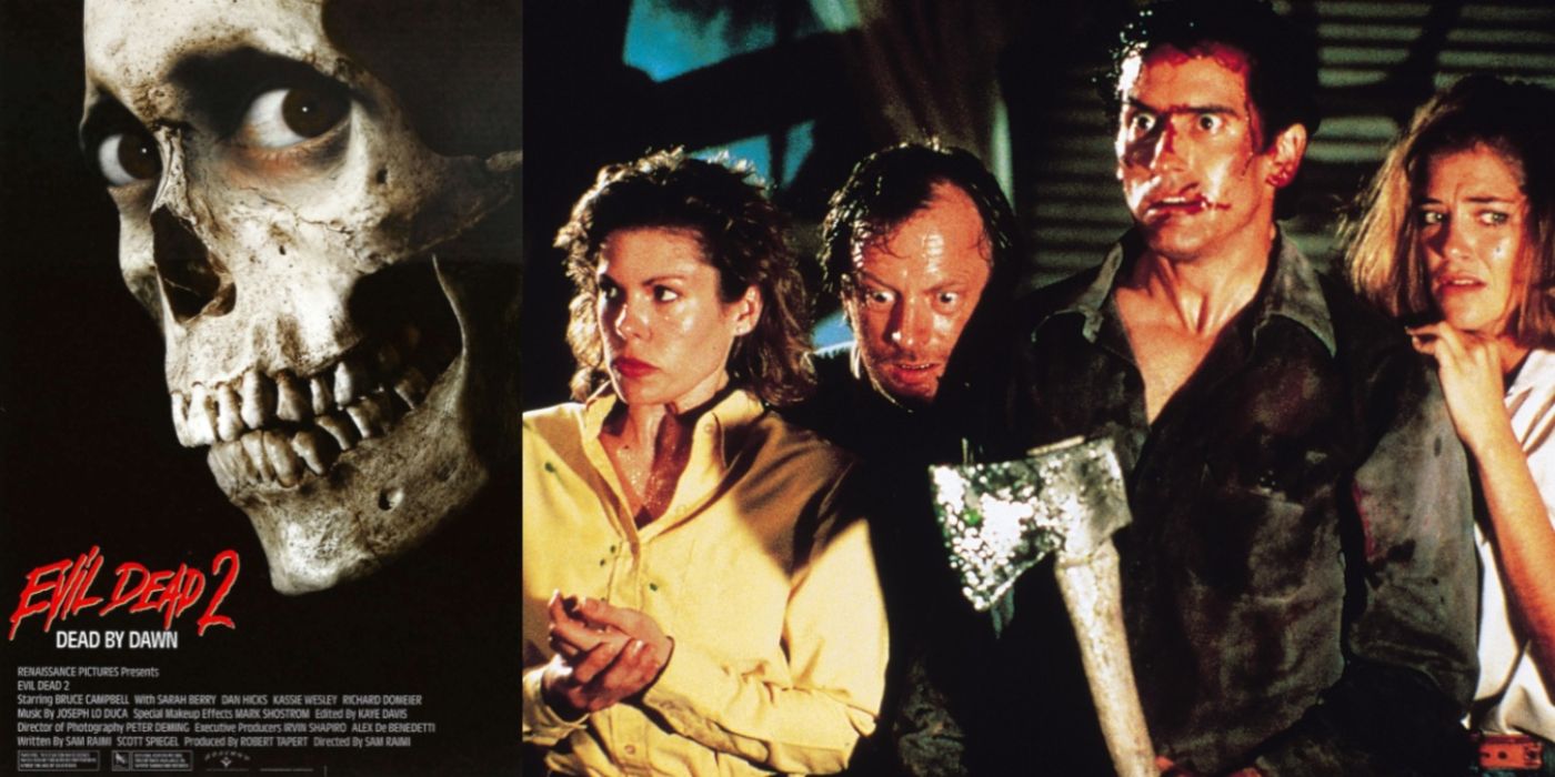 A split image of the Evil Dead 2 poster and Ash and friends in Evil Dead 2.