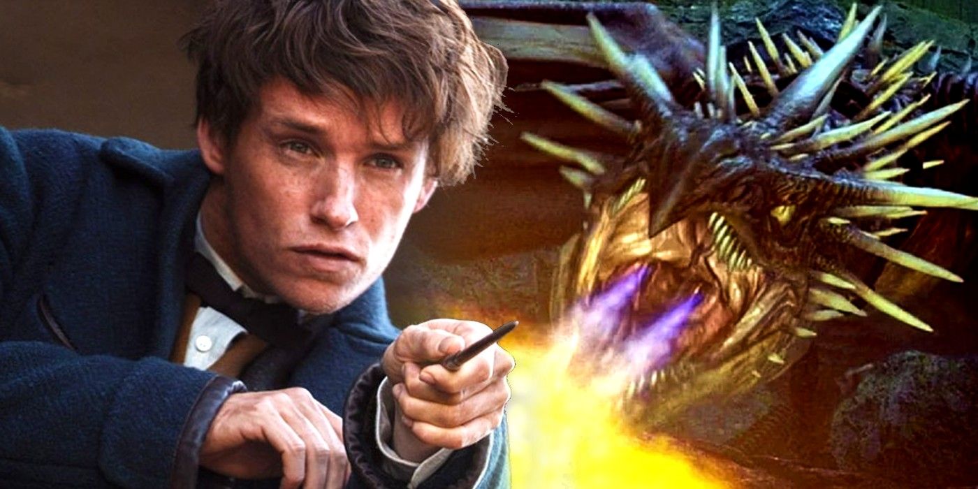Fantastic Beasts' Newt Scamander (Eddie Redmayne) and a Hungarian Horntail Dragon