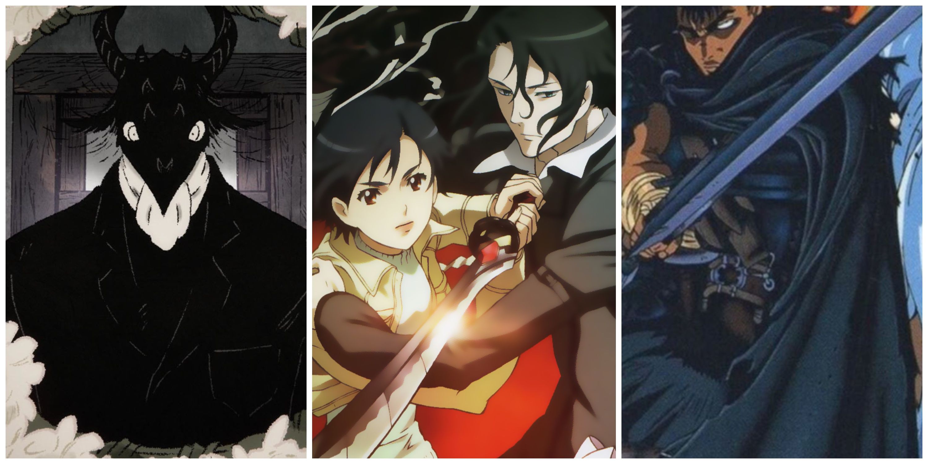featured image for 10 best dark fantasy anime ranked split image teach from the girl from the other side hagi and saya from blood plus guts from berserk