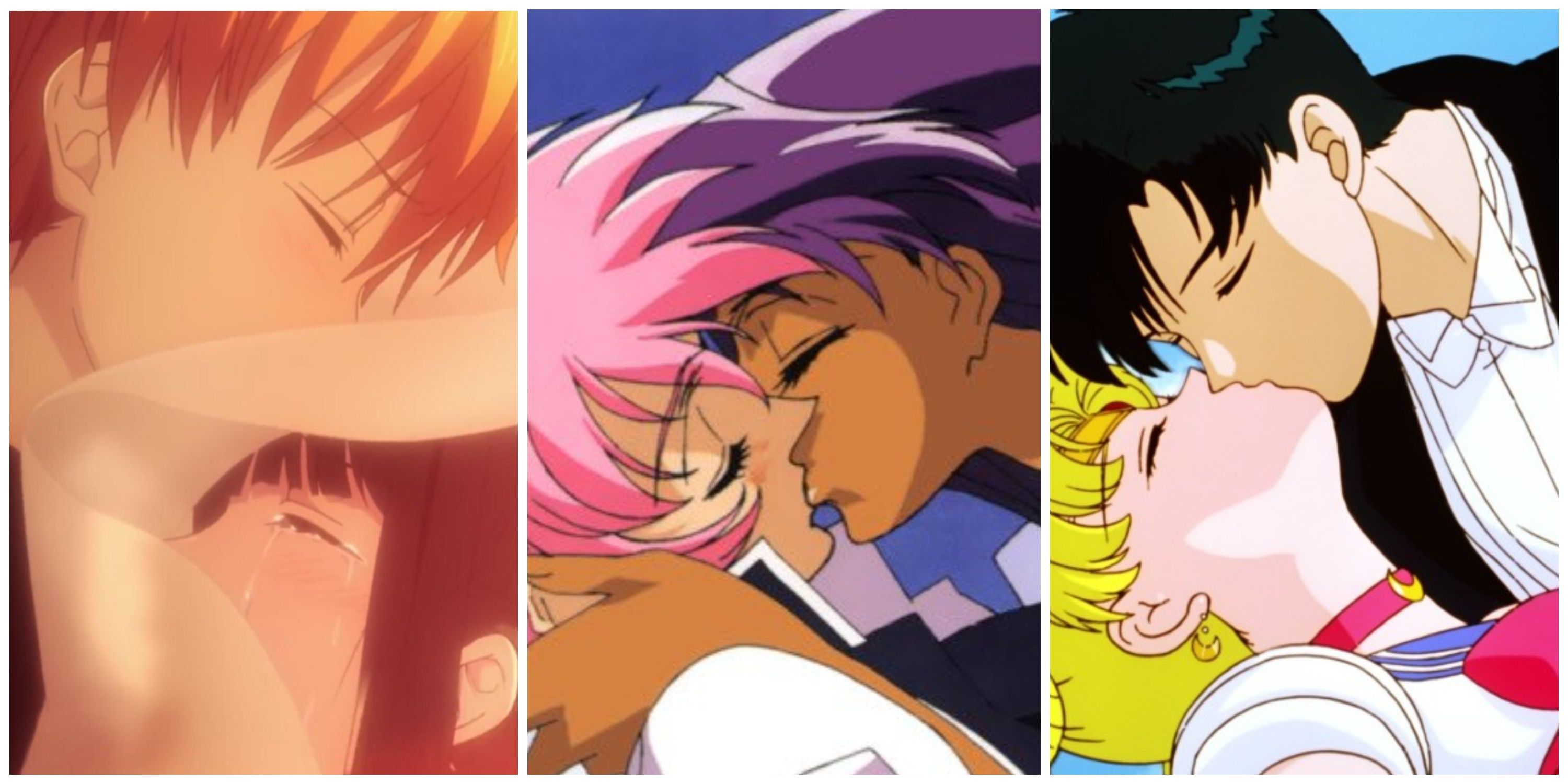 Split image, Kyo hugging Tohru through a curtain in Fruits Basket, Anthy and Utena kissing in Revolutionary Girl Utena Adolescence of Utena, Tuxedo Mask kissing Sailor Moon in Sailor Moon R: The Promise of the Rose