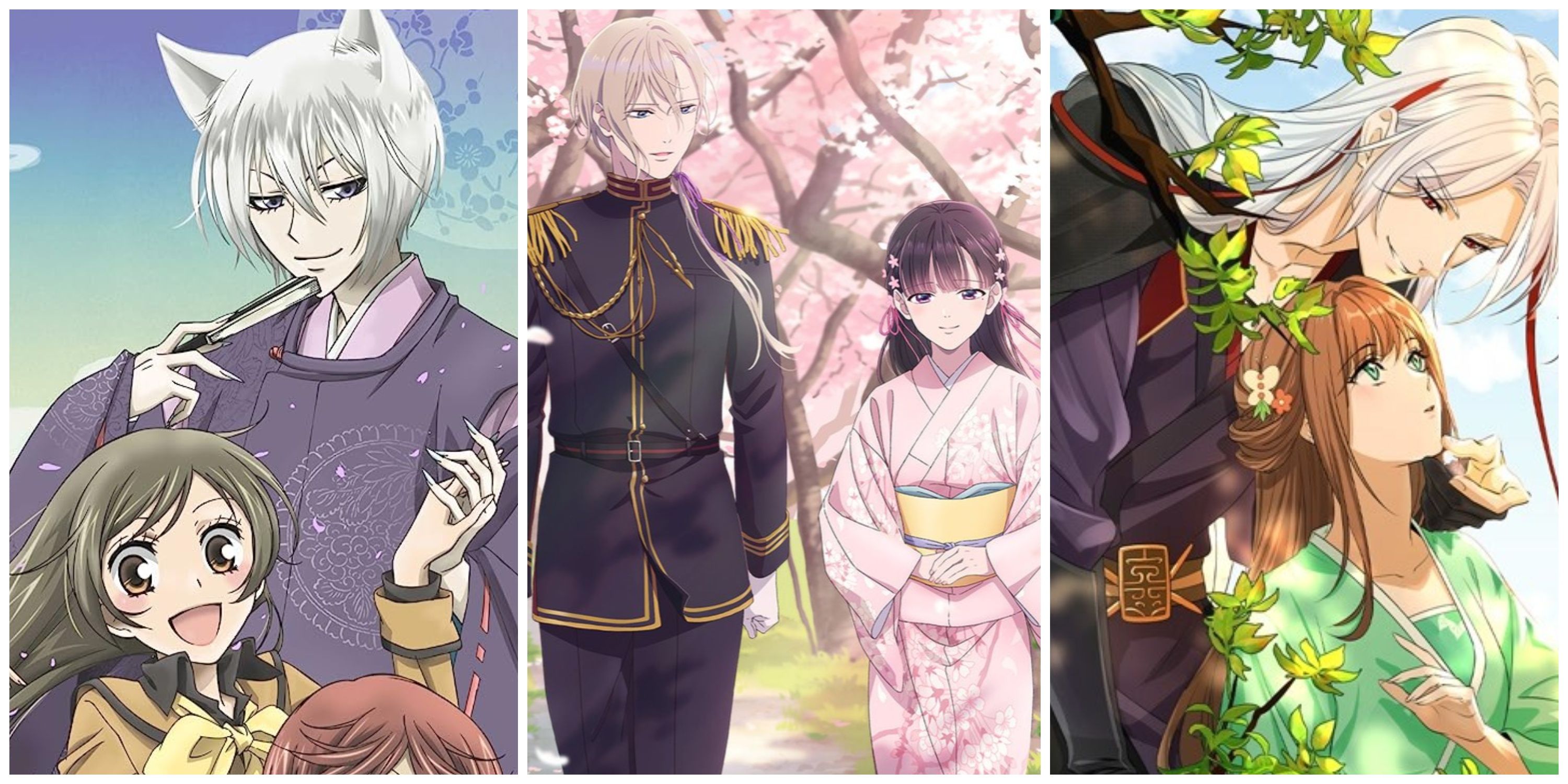 Split image, Nanami and Tomoe in Kamisama Kiss, Miyo and Kiyoka from My Happy Marriage, and Dongfang Qingcang and Xiao Lanhua from Love Between Fairy and Devil