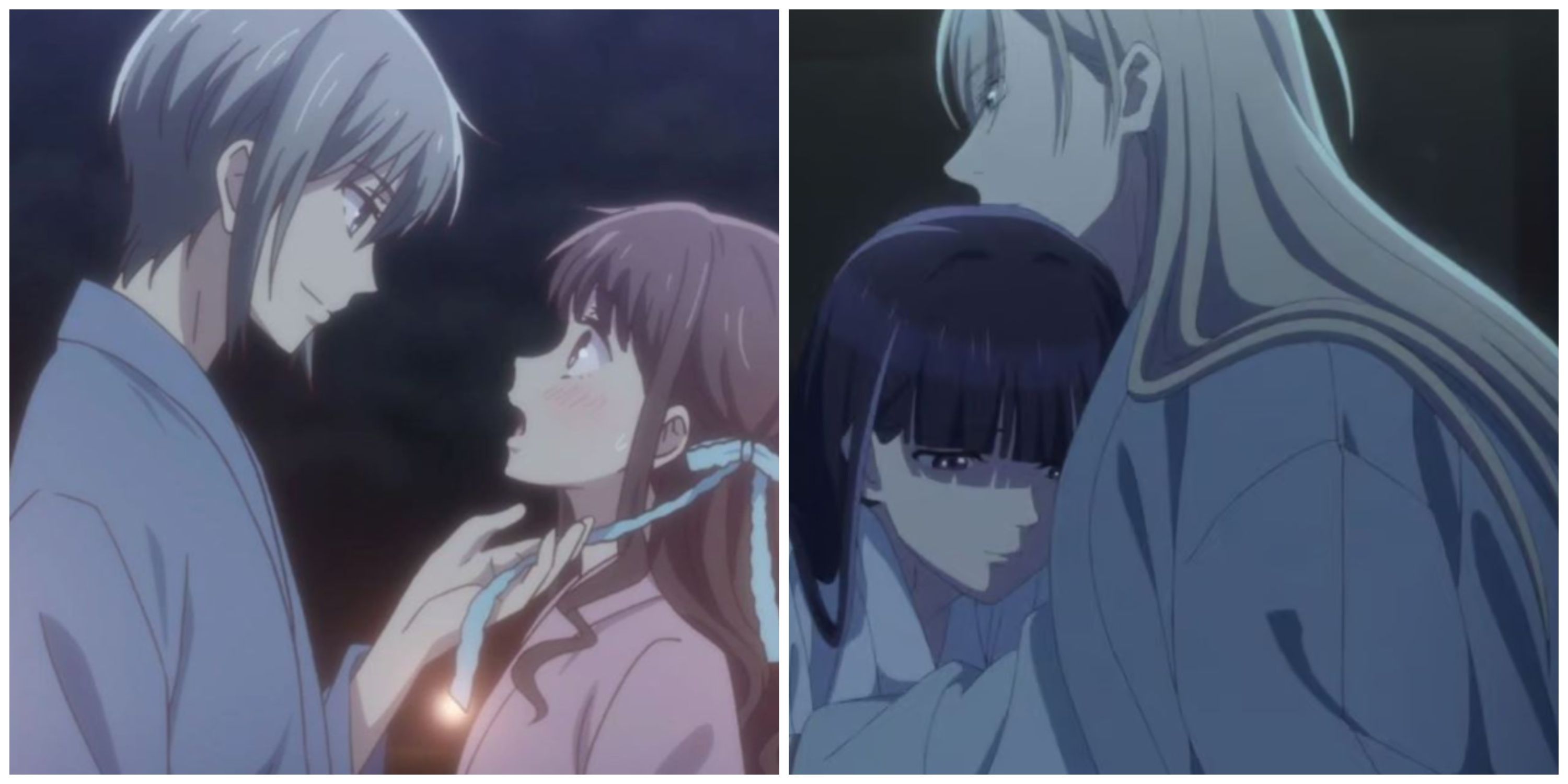 Split image, Yuki Sohma holding Tohru's hair ribbon in Fruits Basket, Kiyoka holding Miyo in My Happy Marriage