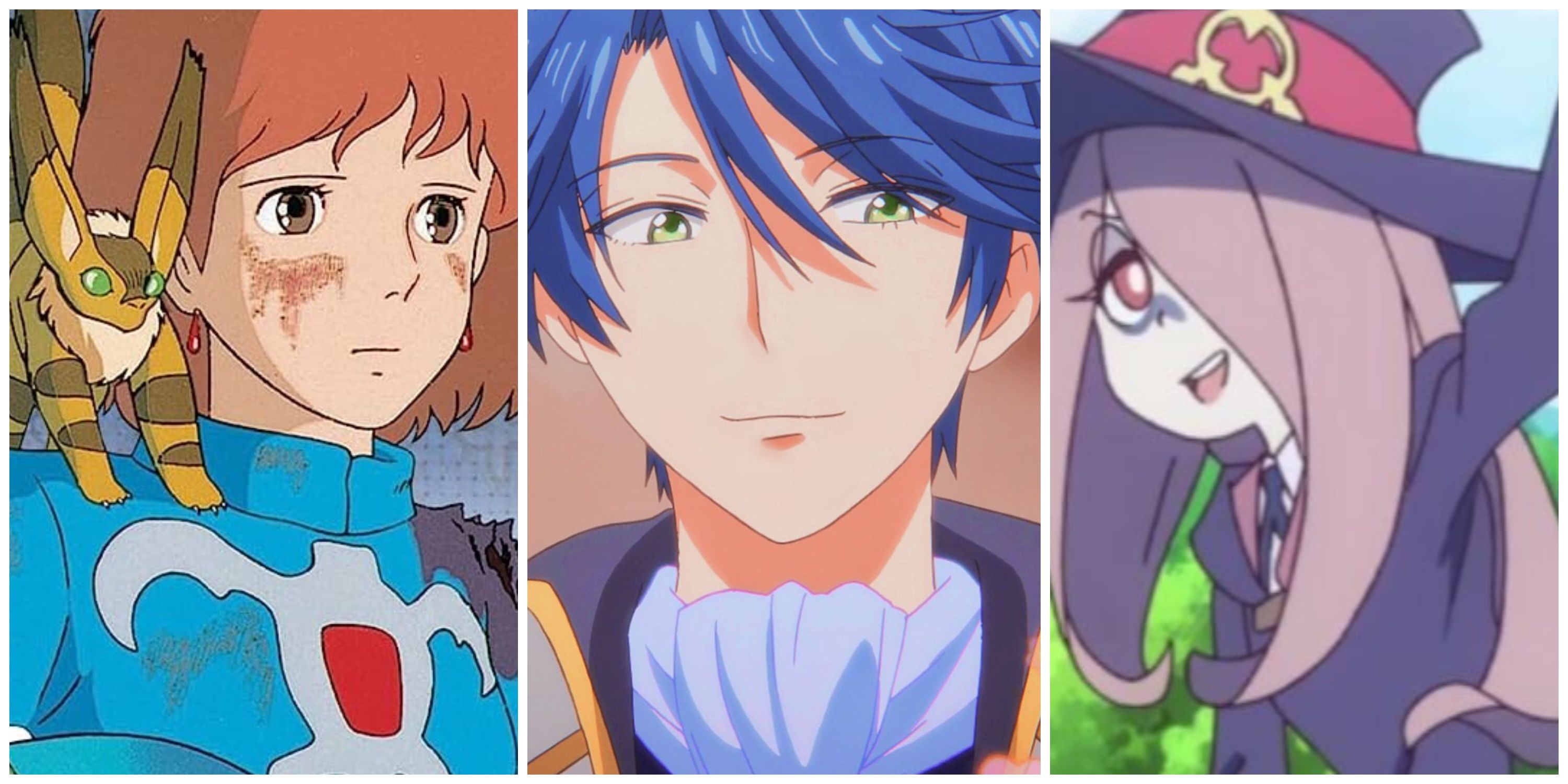 Split image, Nausicaa from Nausicaa of the Valley of the Wind, Kashima from Monthly Girls Nozaki kun, Sucy from Little Witch Academia