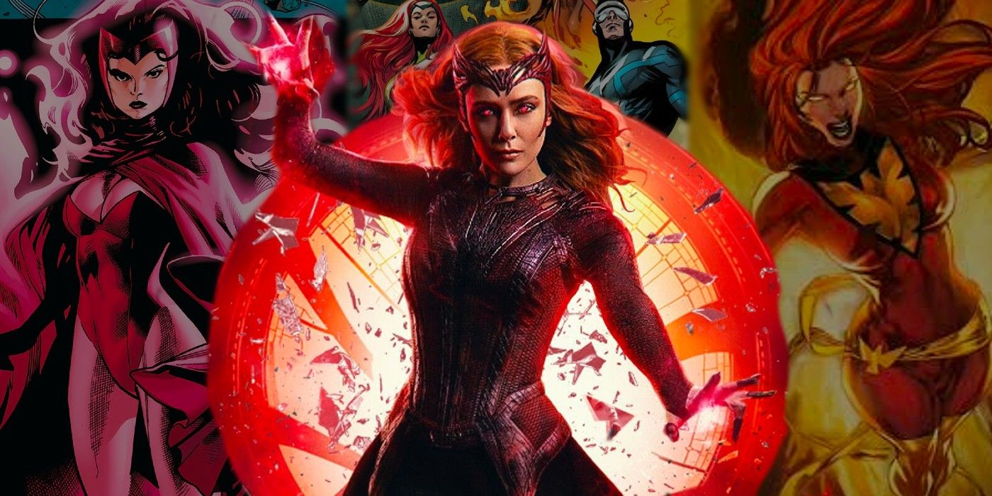 In the center, a large and bright image of Wanda Maximoff (Elizabeth Olsen) as the Scarlet Witch in a movie poster for Doctor Strange in the Multiverse of Madness. From left to right, dimmer and in the background, a comic book image of the Scarlet Witch, two of the X-men from the comics including Jean Grey and Cyclops, and a comic version of the Dark Phoenix