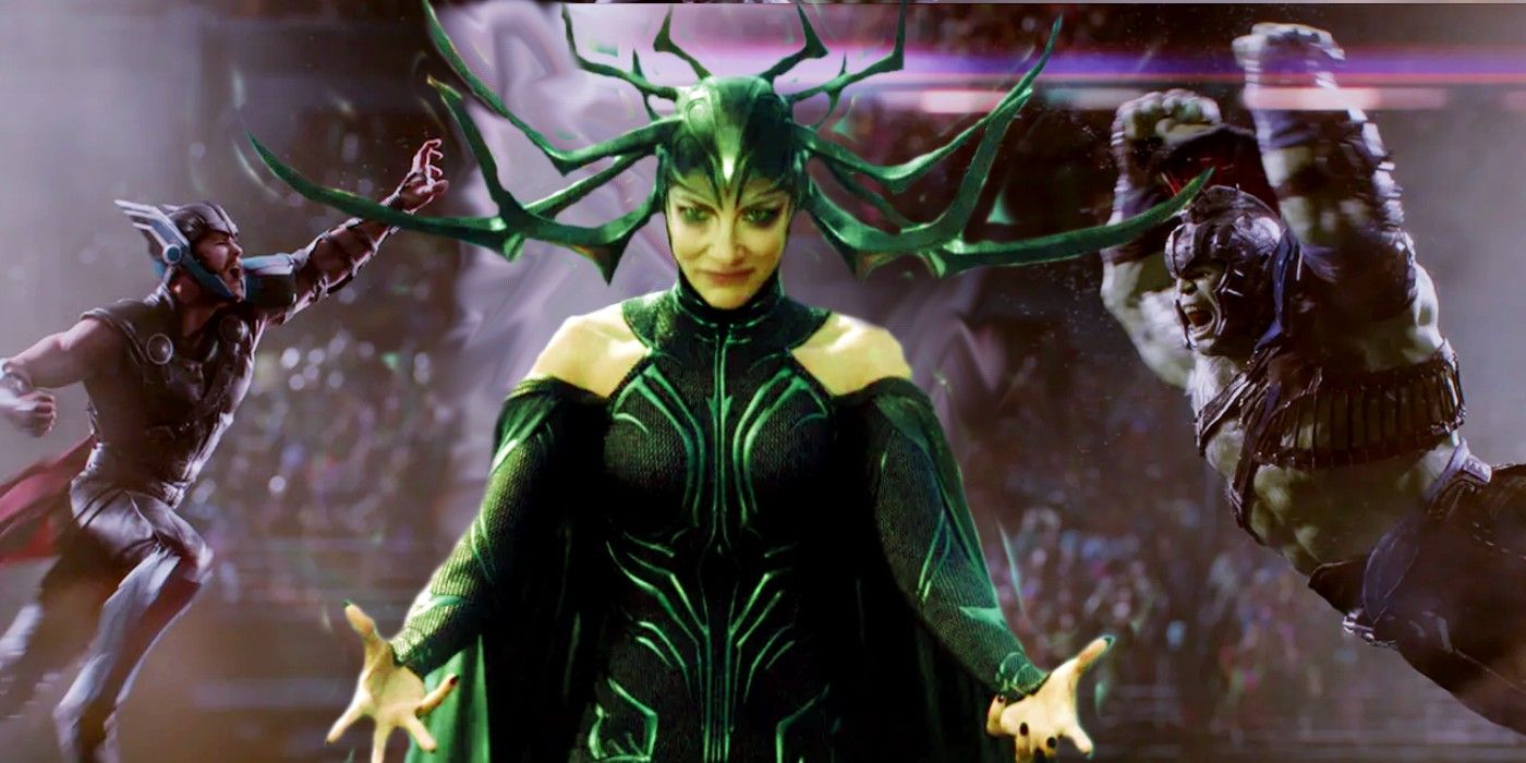 Cate Blanchett as Hela in Thor: Ragnarok. In the background, Thor and the Hulk lunging at each other during a tournament in Thor: Ragnarok