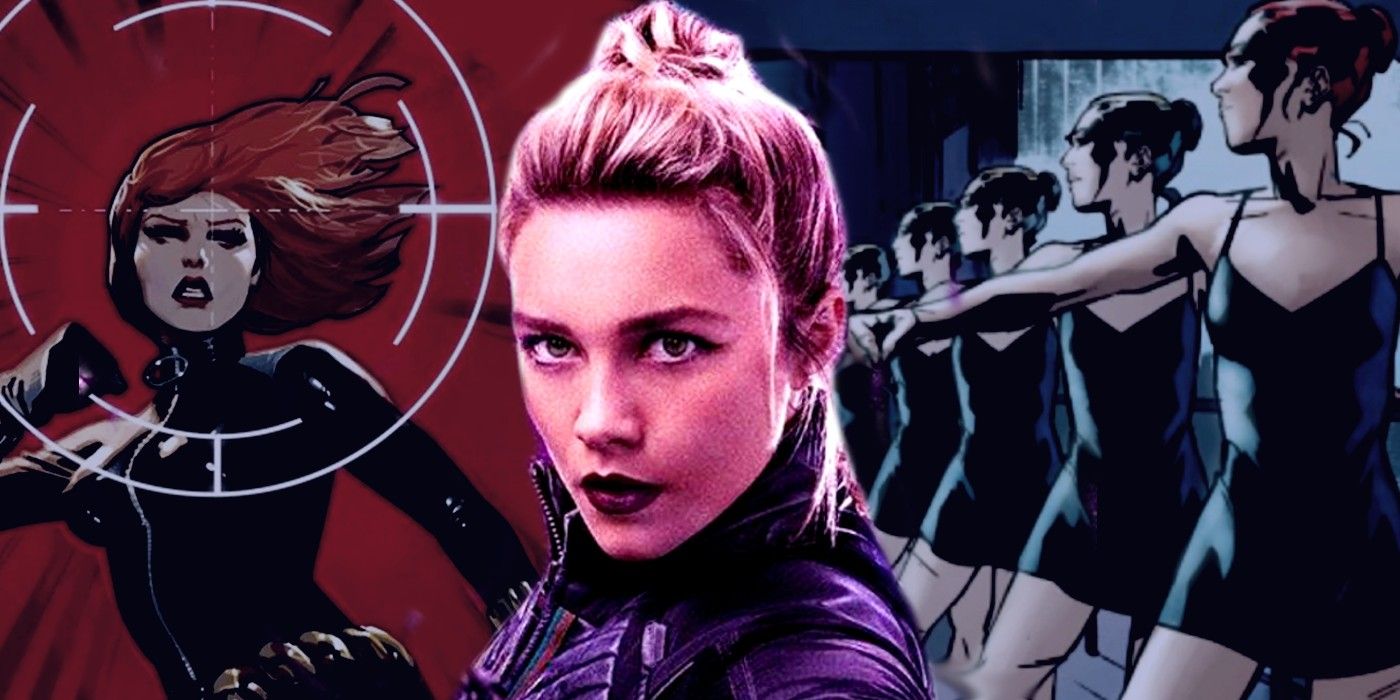 From left to right: a comic book panel of Natasha Romanoff as the Black Widow, Yelena Belova as White Widow in a Hawkeye promotional image, a comic book panel of Natasha Romanoff and other spies practicing ballet during Red Room training