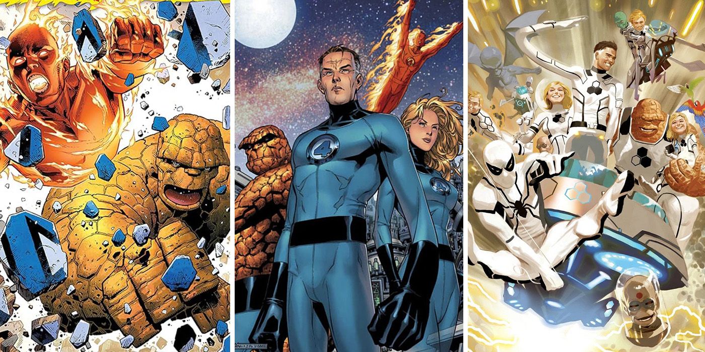 split image: Human Torch and Thing, the Fantastic Four team and Spider-Man with Future Foundation