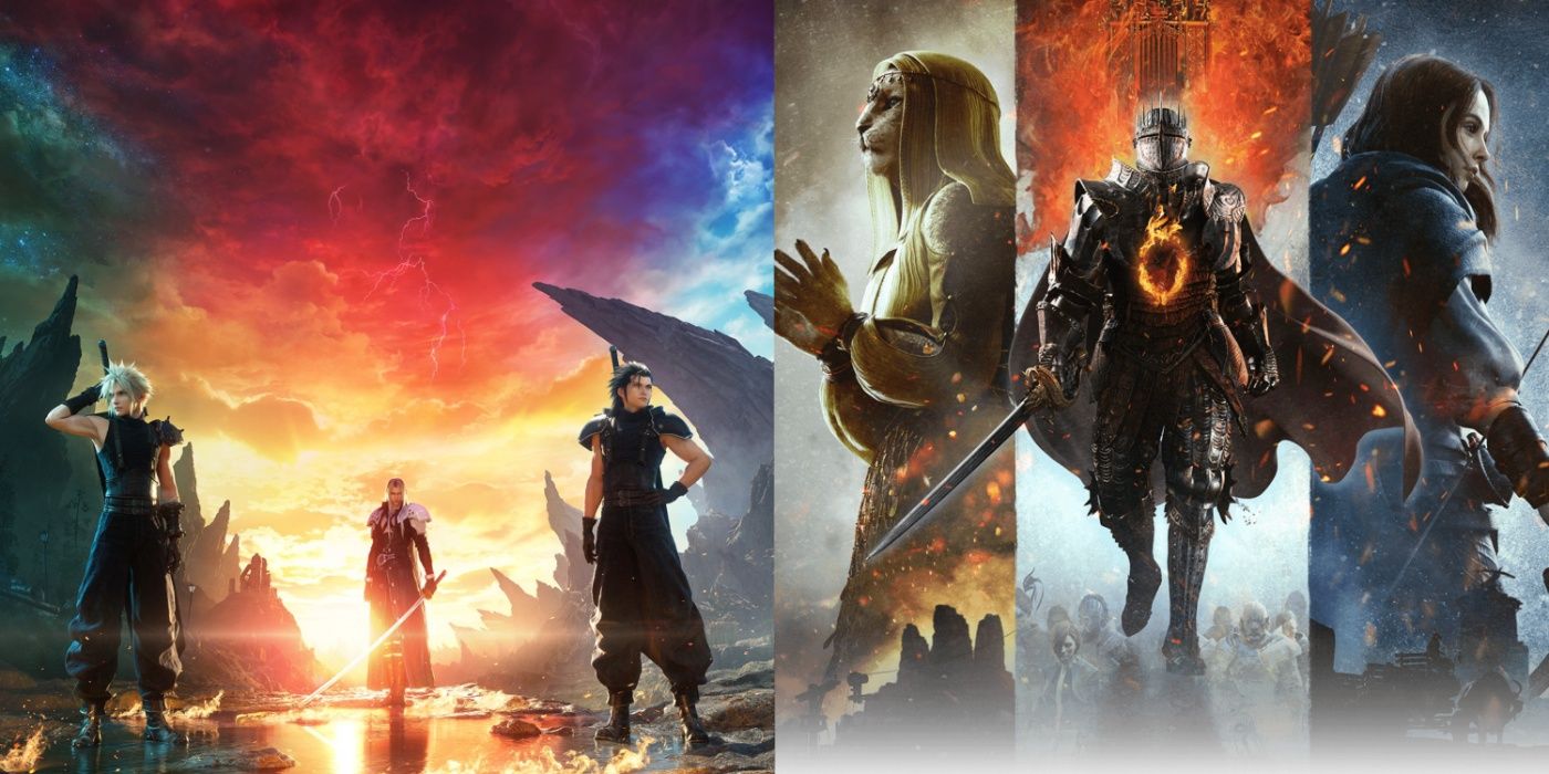 Split image of Cloud, Sephiroth, and Zack in FFVII Rebirth and part members of Dragon's Dogma 2.
