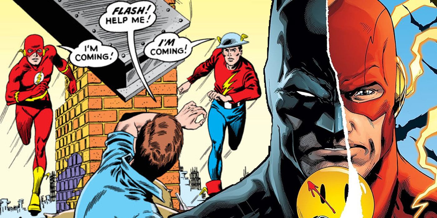 Flash of Two Worlds with Barry Allen and Jay Garrick, and Batman with the Watchmen button