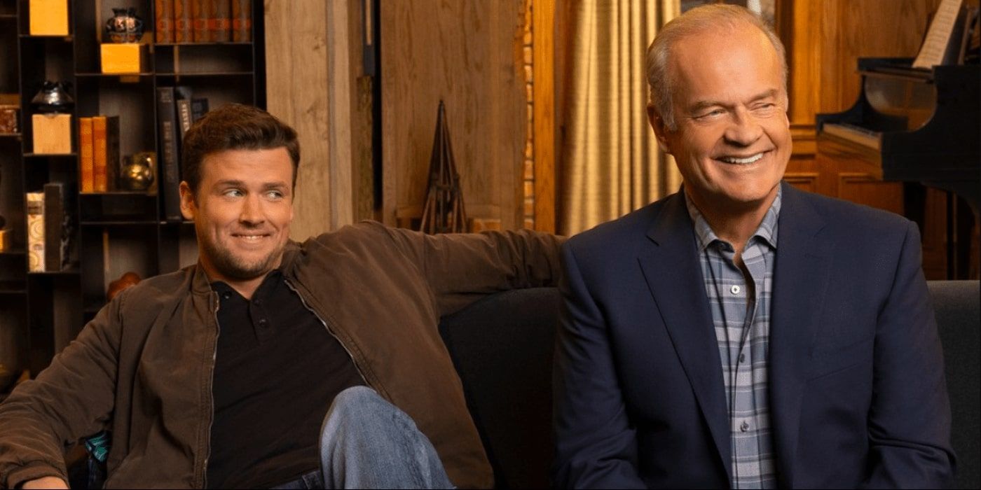 Frasier and Freddie sit together and smile in a promo image for the revival series