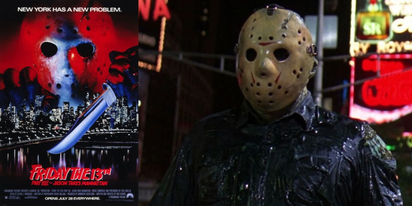 A split image of the Friday the 13th Part VIII Jason Takes Manhattan poster and Jason Voorhees in Friday the 13th Part VIII Jason Takes Manhattan.